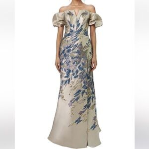 Rene Ruiz Off-Shoulder Puff Sleeve Gown in Champaign and Blue/Lilac